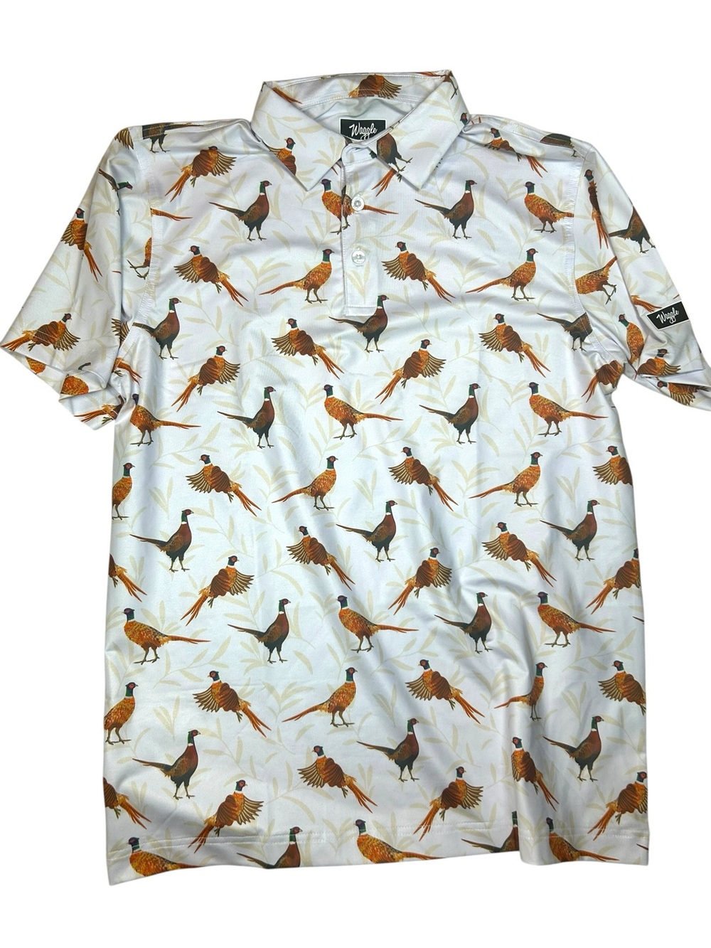 Waggle Golf Mens Pheasant Print Polo Shirt White Short Sleeve Stretch Size Med